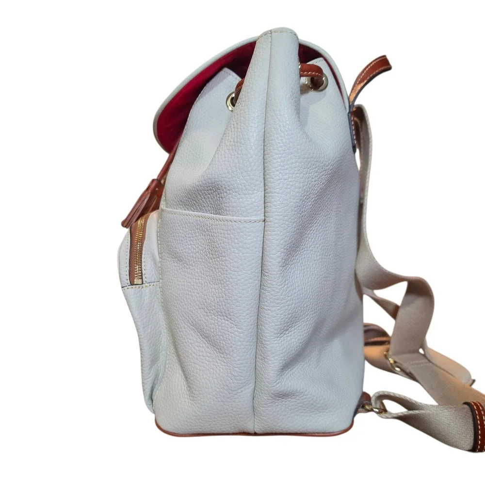 Dooney & Bourke Pebbled Leather Drawstring Backpack White Tan Tassel Logo